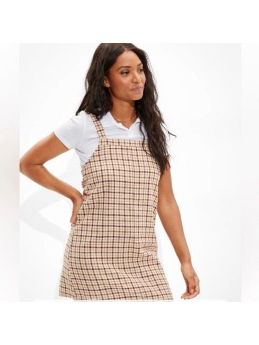 American Eagle Plaid Overall Sleeveless Mini Dress Tan Brown Size XS